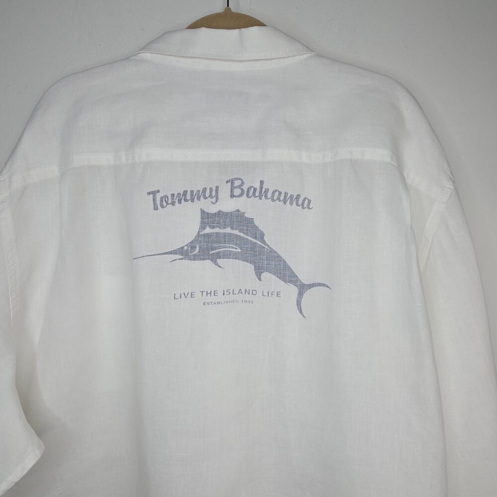 Tommy Bahama Shirt Mens XXXL White Linen Live Island Life Marlin Back Logo